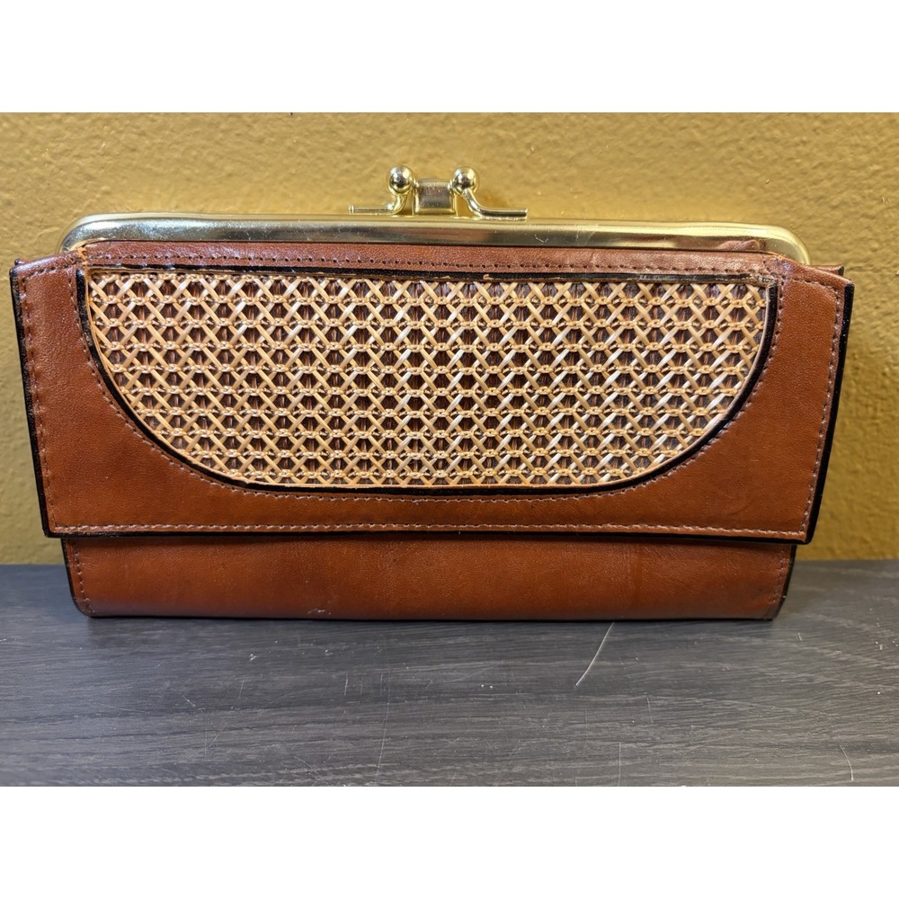 Vintage Princess Gardner Brown Leather Checkbook Clutch Wallet Kiss Lock Change